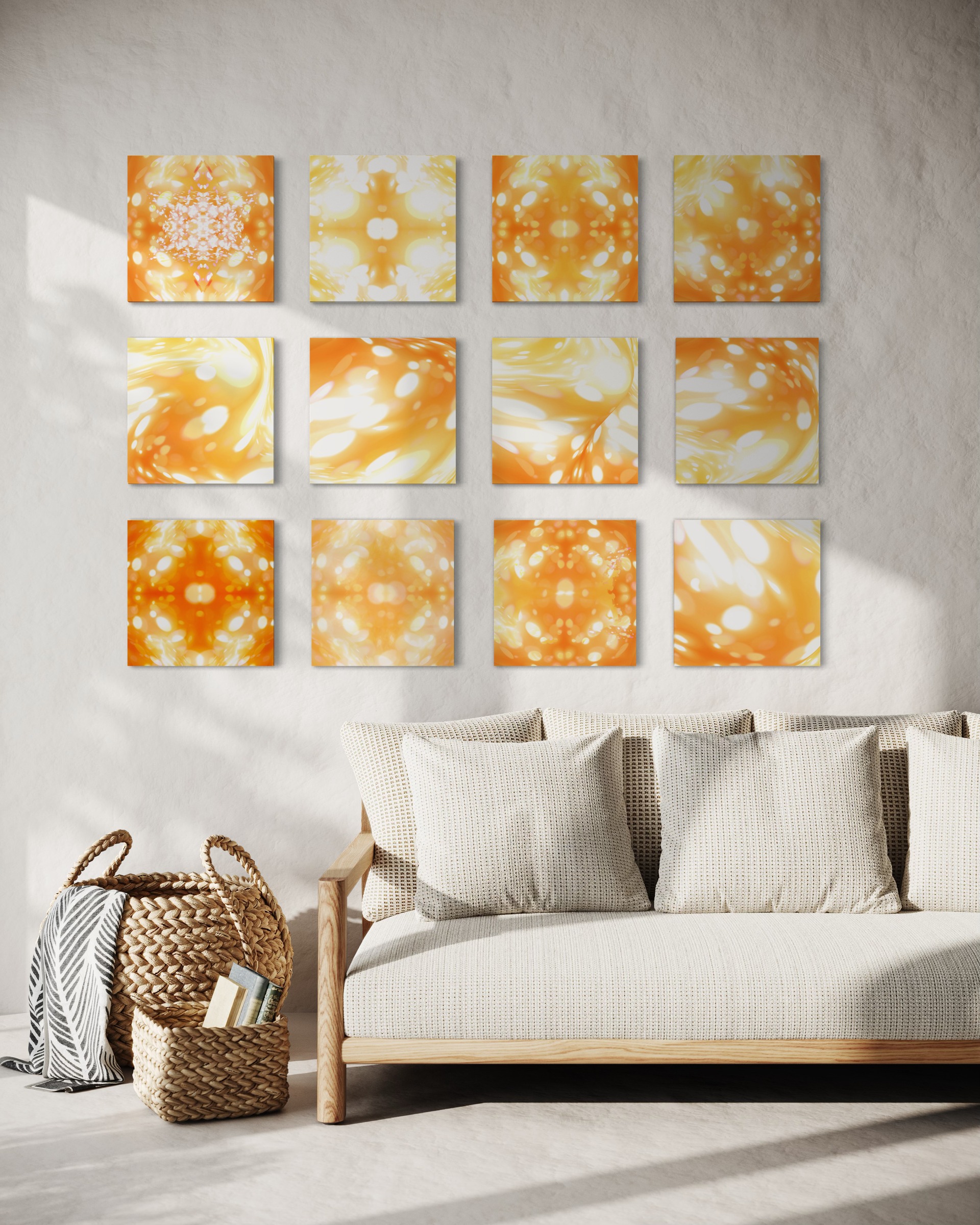 Las doce pinturas digitales de la serie Incipit de Susana Mazzarino, en tonos ámbar y oro, dispuestas en una pared