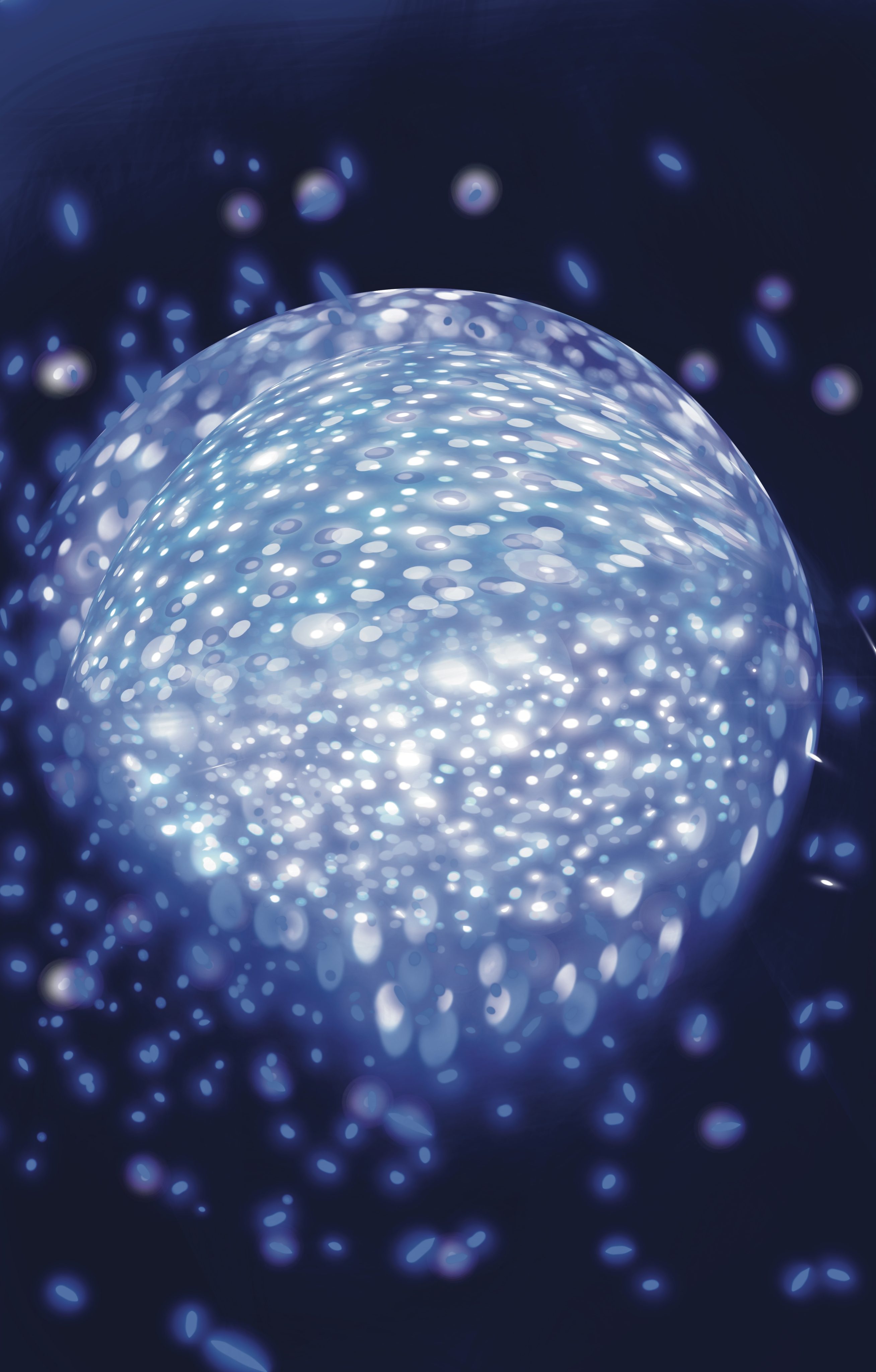 Abismo estelar, de la serie Quantum Mandalas de Susana Mazzarino: esfera luminosa de discos de luz blancos sobre un fondo azul oscuro