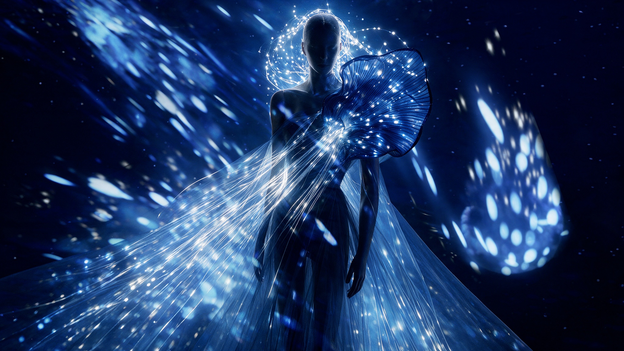 Visualización del proyecto de escultura textil Constelación en fuga: figura vestida de tul con fibra óptica iluminada en azul frente a una proyección de luz
