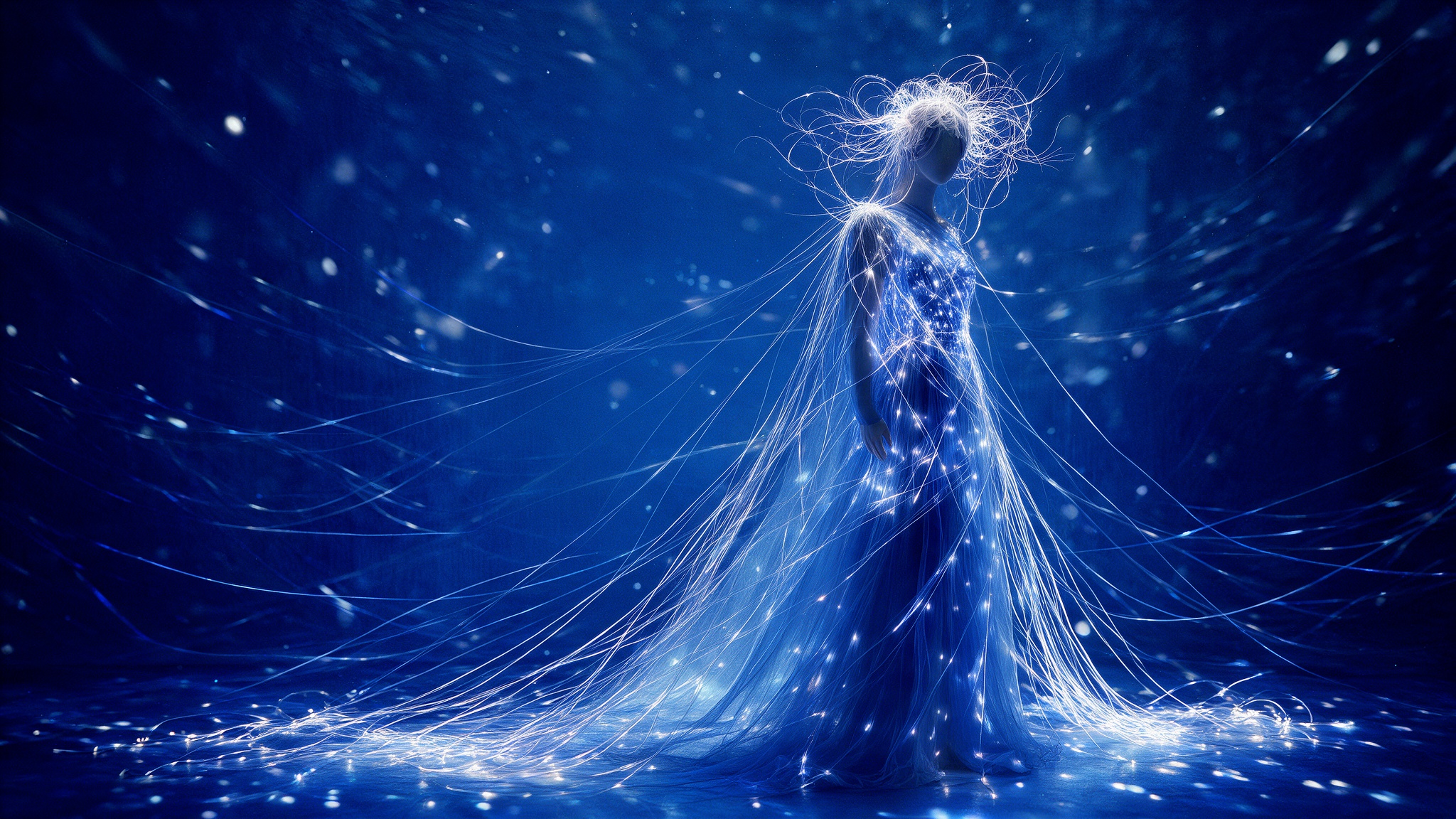 Visualización del proyecto de escultura textil Dispersión radiante: vestido de tul azul con filamentos de fibra óptica luminosos
