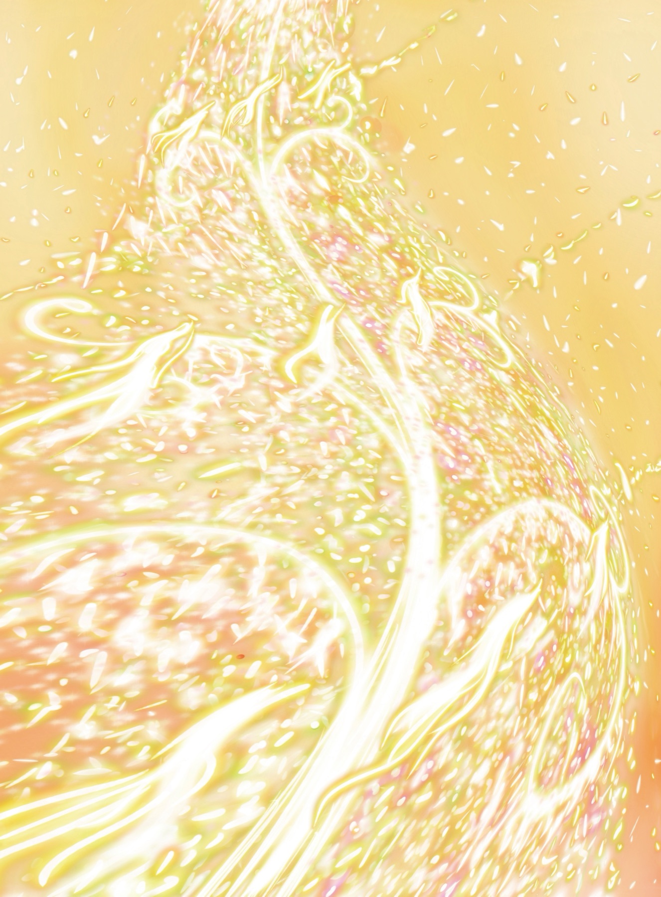 Árbol Fusang de luz solar en amarillo y naranja, con aves de luz entre el follaje: obra de la serie Sun Birds de Susana Mazzarino