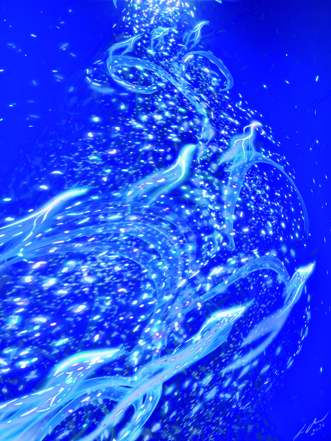 Corrientes de partículas y formas de aves de luz sobre azul profundo: obra de la serie Sun Birds de Susana Mazzarino