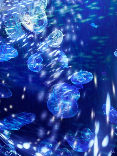 Corriente de partículas | Particle Current (120 × 90 cm) Pleione | Susana Mazzarino — Medusas de luz, pintura digital contemporánea