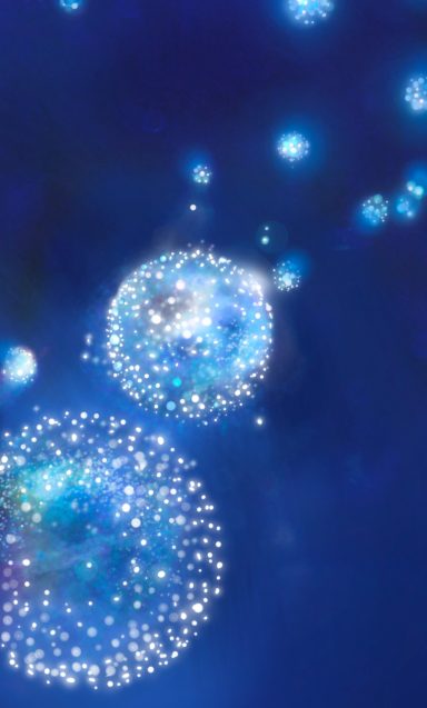 Esferas brillantes en un fondo azul, simulando fuegos artificiales.
