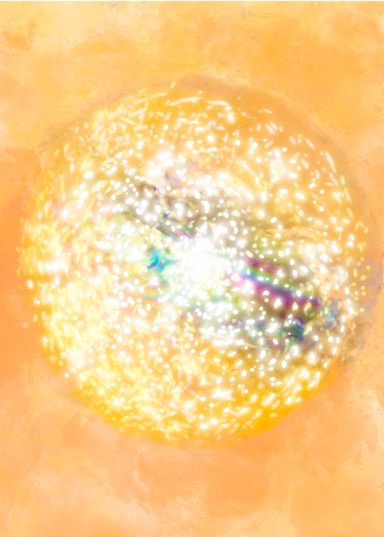 Esfera brillante con destellos de colores sobre un fondo naranja.