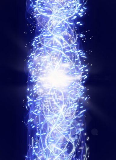 Luz azul brillante con espirales y destellos en un fondo oscuro.