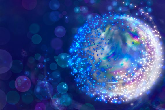 Esfera luminosa con destellos y burbujas brillantes en un fondo azul.