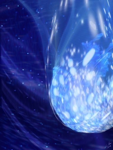 Descenso lento | Slow Descent (120 × 90 cm) Pleione: serie de 12 pinturas digitales de Susana Mazzarino. Medusas de luz y constelaciones sumergidas. Arte contemporáneo, edición limitad