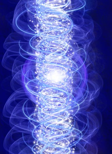 Luz azul brillante con espirales y destellos en un fondo oscuro.