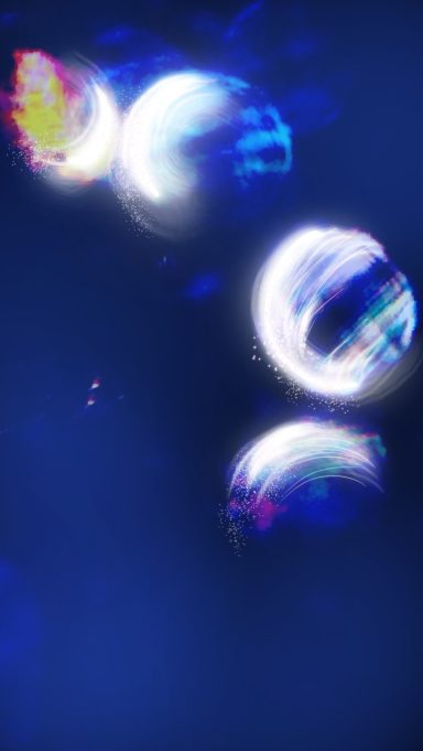 Esferas brillantes flotando sobre un fondo azul, con efectos de luz y color.