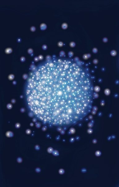 Esfera brillante compuesta de estrellas sobre un fondo oscuro.