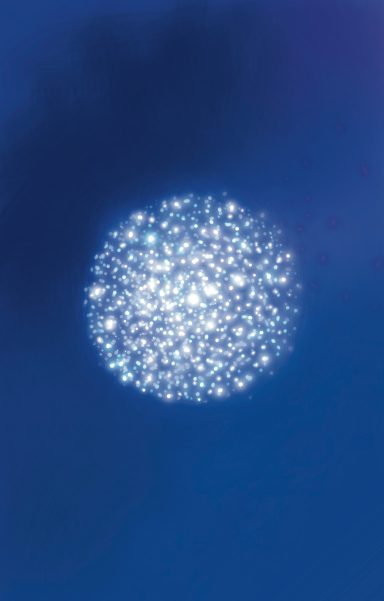 Explosión de fuegos artificiales brillantes en un cielo azul.