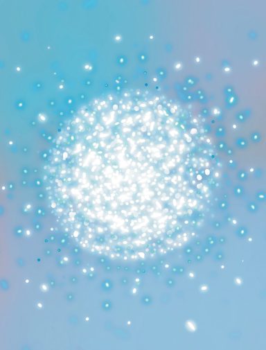 Esfera brillante en tonos azules y blancos, con destellos y un fondo suave.