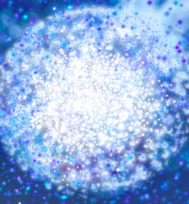 Esfera brillante con efectos de luces azules y moradas en un fondo nebuloso.