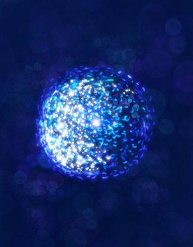 Esfera brillante azul con destellos y un fondo suave.