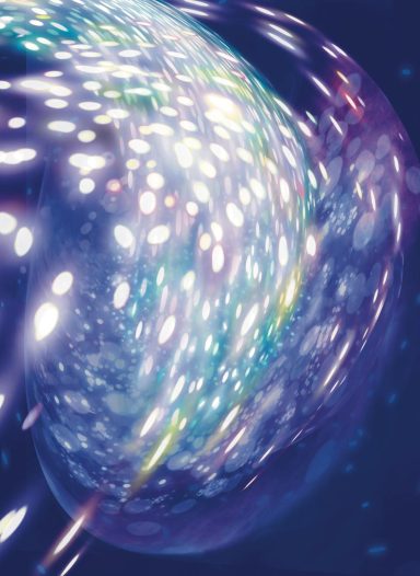 Vehiculo estelar | Celestial vehicle Esfera brillante en tonos azules y blancos, con destellos y un fondo azul oscuro.